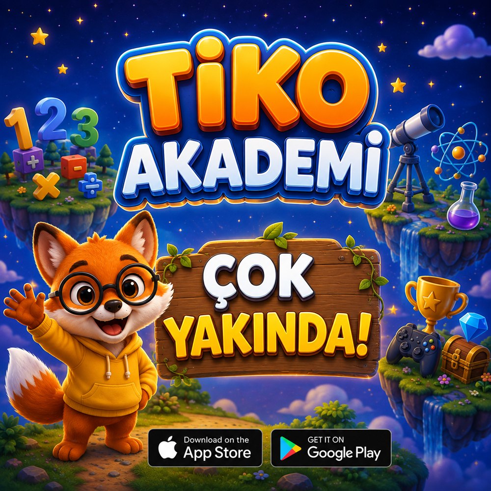 Tiko Akademi — gözlüklü tilki maskotu Tiko el sallıyor, yanında 'Çok Yakında!' yazan tabela